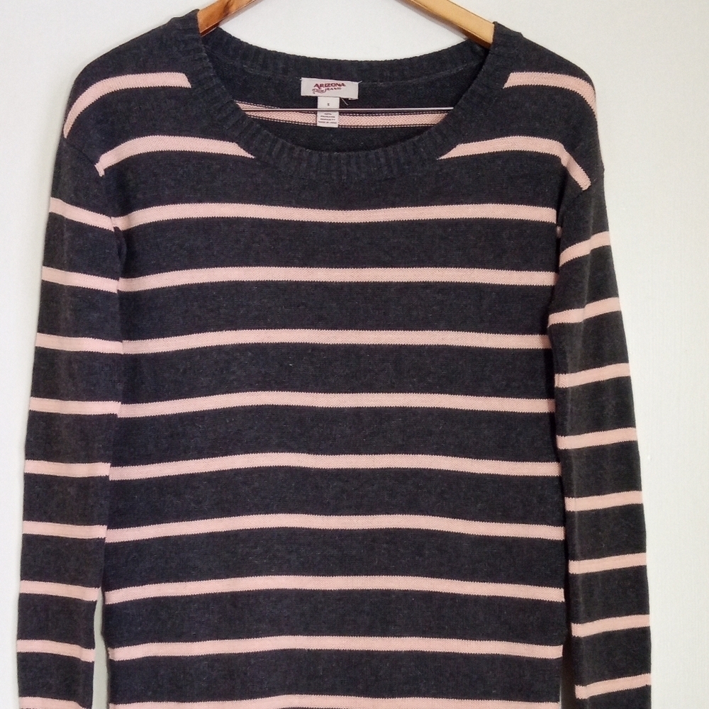Arizona Jean Co. pink and grey striped longline crew neck sweater women's small